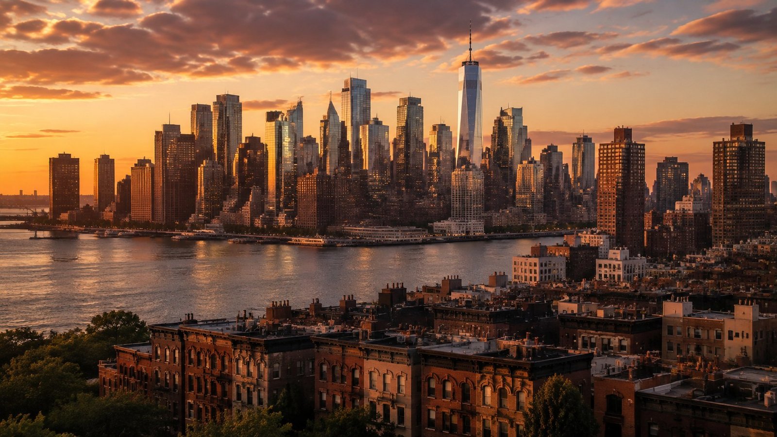 Golden-hour view of the lower Manhattan skyline from a Brooklyn brownstone rooftop